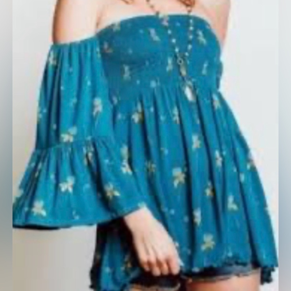 Free People Blue Floral Off-Shoulder Blouse